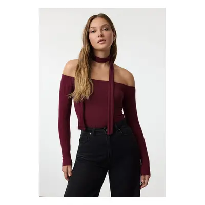 Trendyol Claret Red Corduroy Carmen Collar Shawl Detailed Fitted/Fits Crop Flexible Knitted Blou