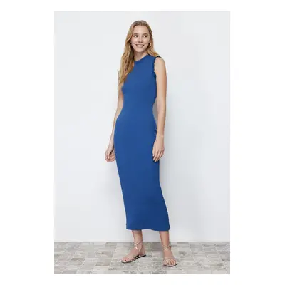 Trendyol Indigo Ruffle Detailed Ribbed Fitted Midi Smart Flexible Knitted Pencil Dress