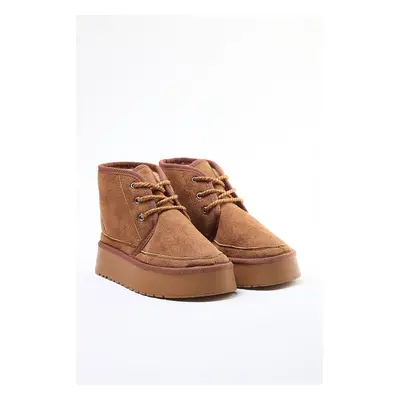 Trendyol Tan Suede Lace-Up Platform Thick Flat Bottom Women's Boots