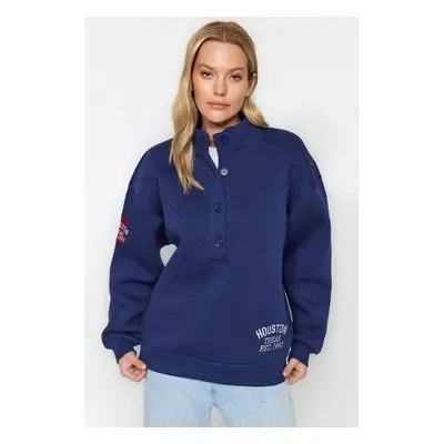 Trendyol Navy Blue Thick Inside Fleece Embroidery and Button Detailed Stand-up Collar Oversize K