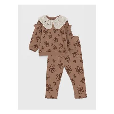 LC Waikiki Baby Collar Long Sleeve Patterned Baby Girl Sweatshirt and Tights 2-Piece Set