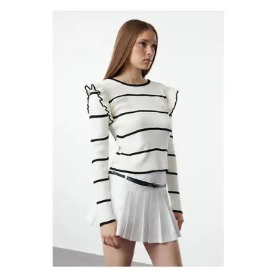 Trendyol Ecru Shoulder Flounce Striped Knitwear Sweater