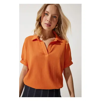 Happiness İstanbul Women's Orange Polo Neck Knitted Crinkle Blouse