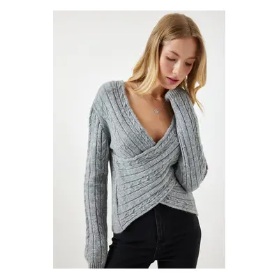 Happiness İstanbul Women's Gray Wrapover Neck Seasonal Knitwear Sweater