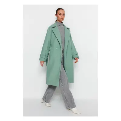 Trendyol Mint Oversize širokoúhlý opásaný dlouhý vlněný kabát