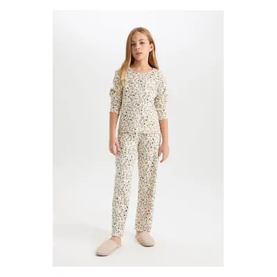 DEFACTO Girls Pajama Set Floral Crew Neck Long Sleeve Top Long Bottom