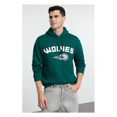 Trendyol Emerald Green Oversize/Wide Cut Hooded College Printed Sweatshirt