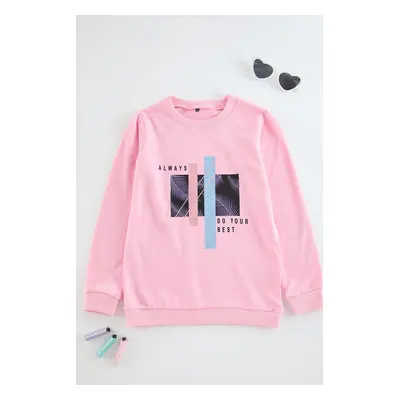 Trendyol Pink Girl Printed Crew Neck Cotton Knitted Sweatshirt