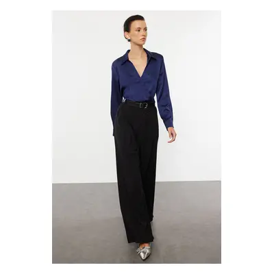 Trendyol Navy Blue Crop Shirt Collar Satin Woven Blouse