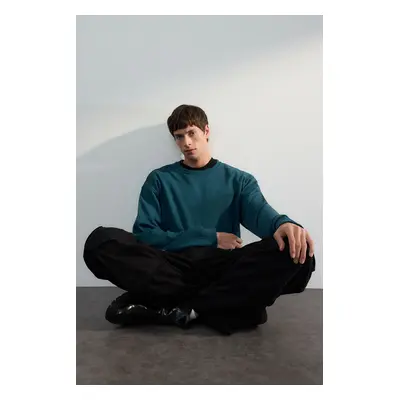 Trendyol Petrol Premium Crew Neck Oversize/Wide Cut Text Embroidered Diagonal Sweatshirt