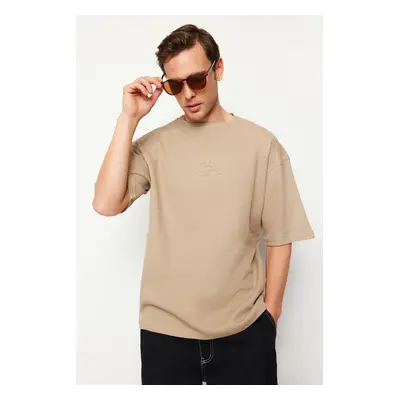 Trendyol Premium Mink Oversize/Wide Cut Textured Waffle Fluffy Text Printed T-Shirt