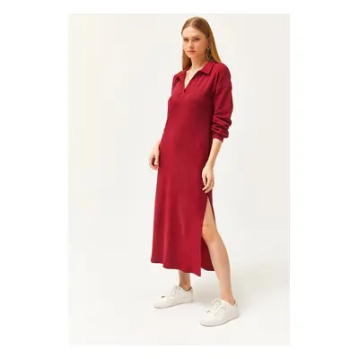 Olalook Women's Burgundy Polo Neck Slit Raised Midi Dress