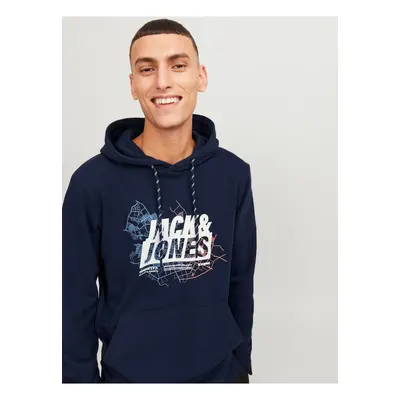 Tmavě modrá pánská mikina s kapucí Jack & Jones Map - Pánské