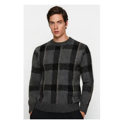 Trendyol Anthracite Regular Crew Neck Plaid / Checkered Knitwear Sweater