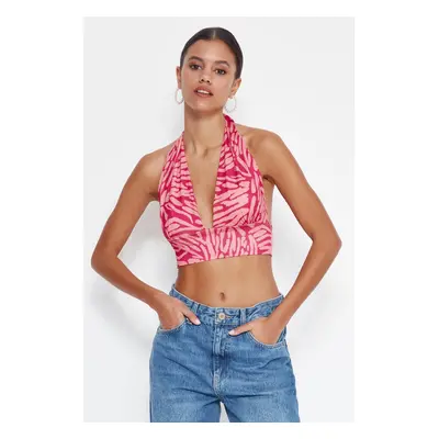 Trendyol Pink Printed Barter Fitted Super Crop Stretch Knit Blouse