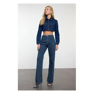 Trendyol Dark Blue Stitch Detail High Waist Wide Leg Jeans