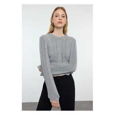 Trendyol Gray Crop Openwork/Hole Detailed Crew Neck Knitwear Sweater