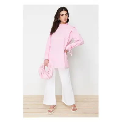 Trendyol Pink Woven Cotton Tunic With Ruffled Shoulder and Cuff