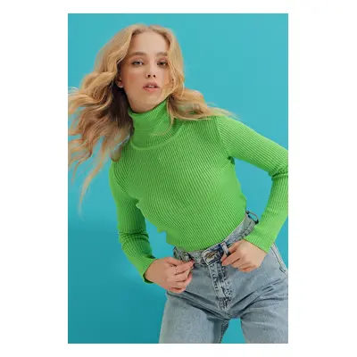 Trend Alaçatı Stili Women's Green Turtleneck Ribbed Knitwear Sweater