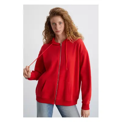 GRIMELANGE Alena Women Oversize Organic Cotton Metal Zipper Hooded Polar Fleece Inside Red Sweat