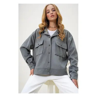 Trend Alaçatı Stili Women's Grey Lined Double Pocket Cashmere Jacket