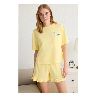 Trendyol Yellow Plain Ruffle Jersey Knitted Pajama Set