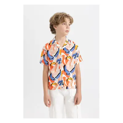 DEFACTO Boy Oversize Wide Pattern Polo Collar Patterned Viscose Short Sleeve Shirt