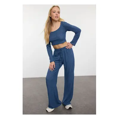 Trendyol Indigo Soft Crop and Wide Leg Knitted Top and Bottom Set