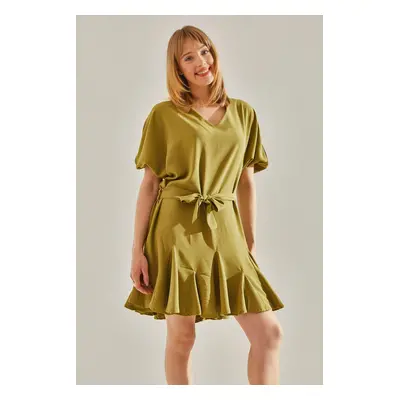 Bianco Lucci Women's Oil Green Ruffle Detailed V-Neck Belted Dress