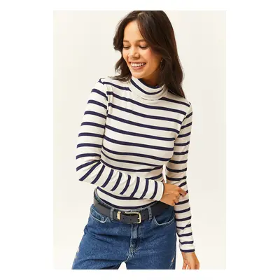 Olalook Women's Navy Blue Striped Turtleneck Premium Soft Touch Flexible Blouse