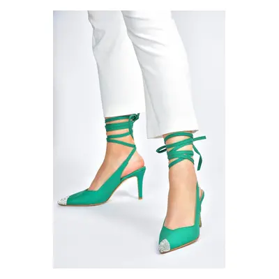 Fox Shoes Green Satin Fabric Pointed Toe Stone Detailed Heeled Shoes