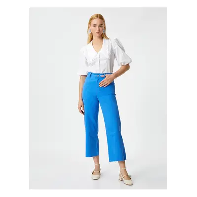 Koton Crop Wide Leg Trousers High Waist Pocket Cotton