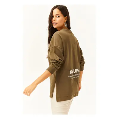 Olalook Women's Khaki Side Slit Printed Pieced Oversize Sweatshirt