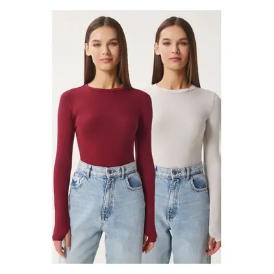 Happiness İstanbul Women's Burgundy Stone Pack Crew Neck Basic Knitted Blouse