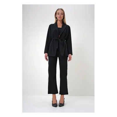 Trend Alaçatı Stili Women's Black Shawl Collar Self-Belted Jacket and Palazzo Trousers Set