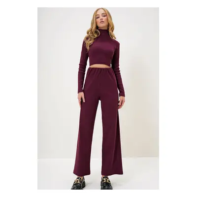 Trend Alaçatı Stili Women's Burgundy Stand Collar Camisole Crop Blouse and Trouser Set