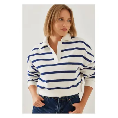 Bianco Lucci Women's Polo Neck Three Thread Raised Stripe Sweatshirt