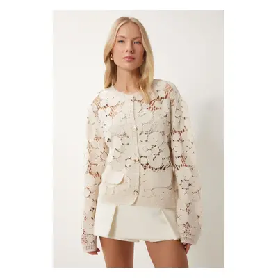 Happiness İstanbul Women's Cream Floral Laced Seasonal Knitwear Cardigan