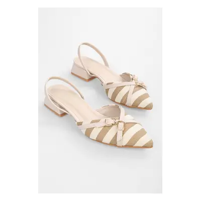 Shoeberry Women Ciao Beige Linen Striped Buckled Ballerinas