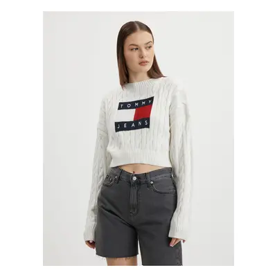 Bílý dámský vzorovaný oversize svetr s balonovými rukávy Tommy Jeans - Dámské