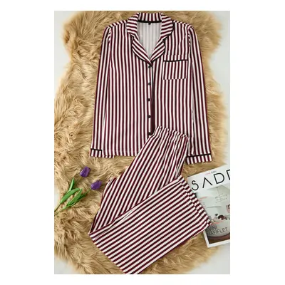 Trendyol Claret Red 100% Cotton Striped Piping Detailed Knitted Pajama Set