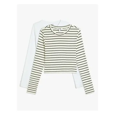 Koton Long Sleeve Striped Crop 2-Piece T-Shirt Set