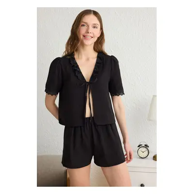 Trendyol Black 100% Cotton Embroidered Tie Detail Muslin Woven Pajama Set