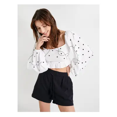 Koton Crop Blouse Balloon Sleeves Square Neck Embroidered Ruffles Gippeli