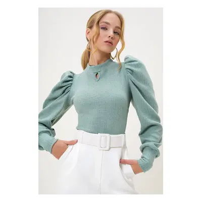 Trend Alaçatı Stili Women's Mint Crew Neck Drop Neck Princess Sleeve Knitwear Blouse