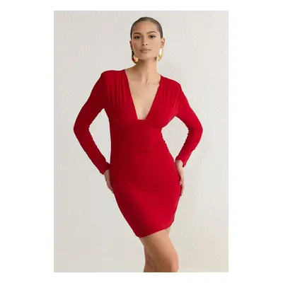 Trendyol Red Body-Smoothing V-Neck Knitted Chic Dress