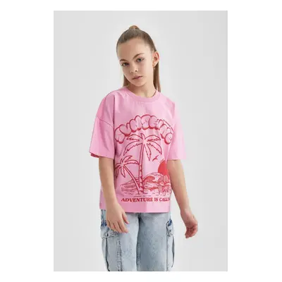 DEFACTO Girls Oversize Fit Crew Neck Printed Short Sleeve T-Shirt