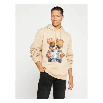 Koton Bear Printed Hooded Sweatshirt Raised