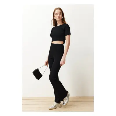 Trendyol Black Crop Crew Neck Ribbed Stretchy Knitted Blouse and Pants Top and Bottom Set