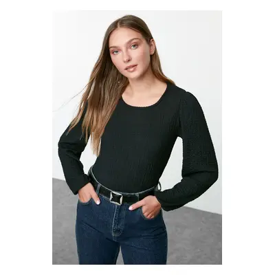 Trendyol Black Textured Regular/Normal Pattern Long Sleeve Flexible Knitted Blouse